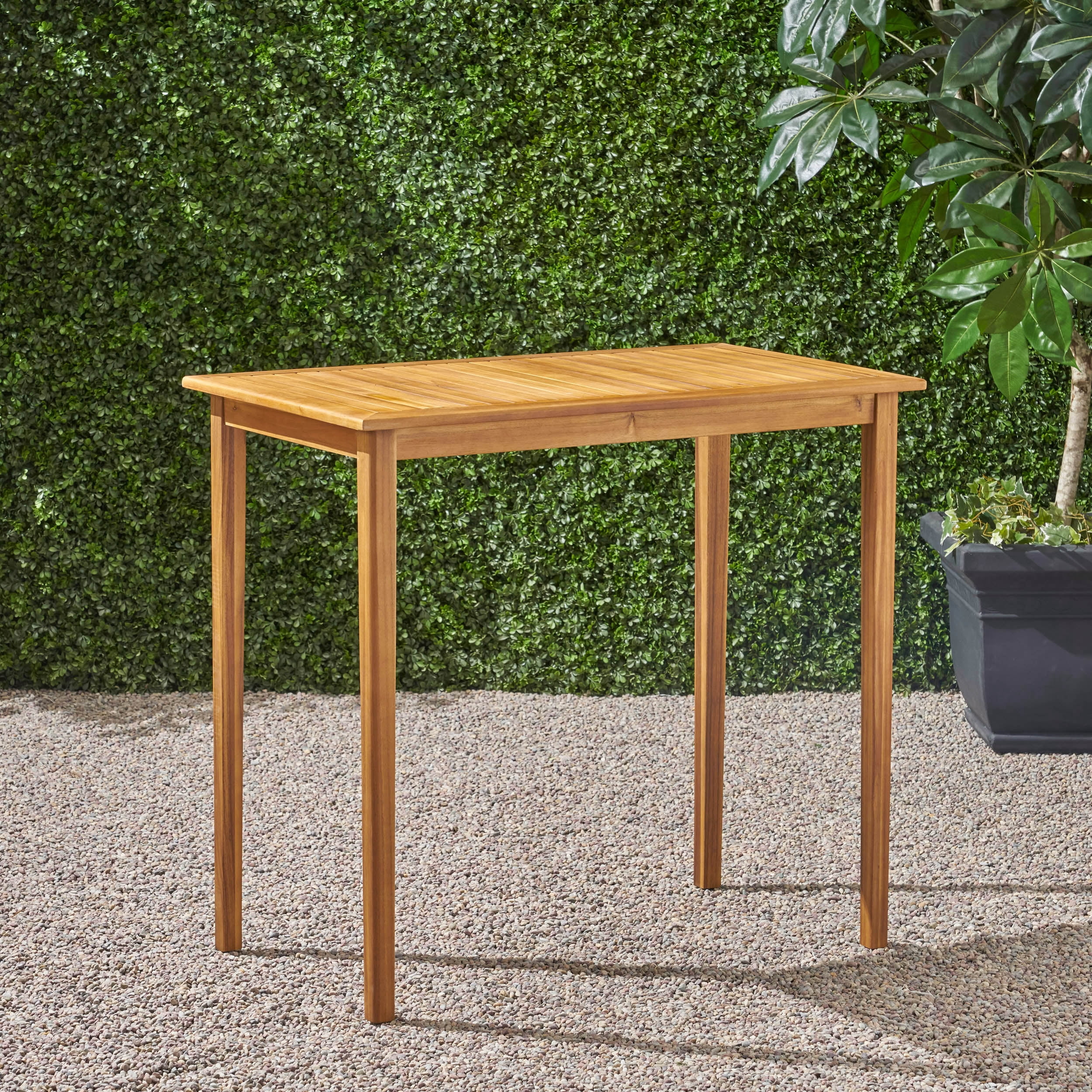 Outdoor Rectangular Bar Height Table, Solid Acacia Wood Top for Patio Garden, Teak Finish
