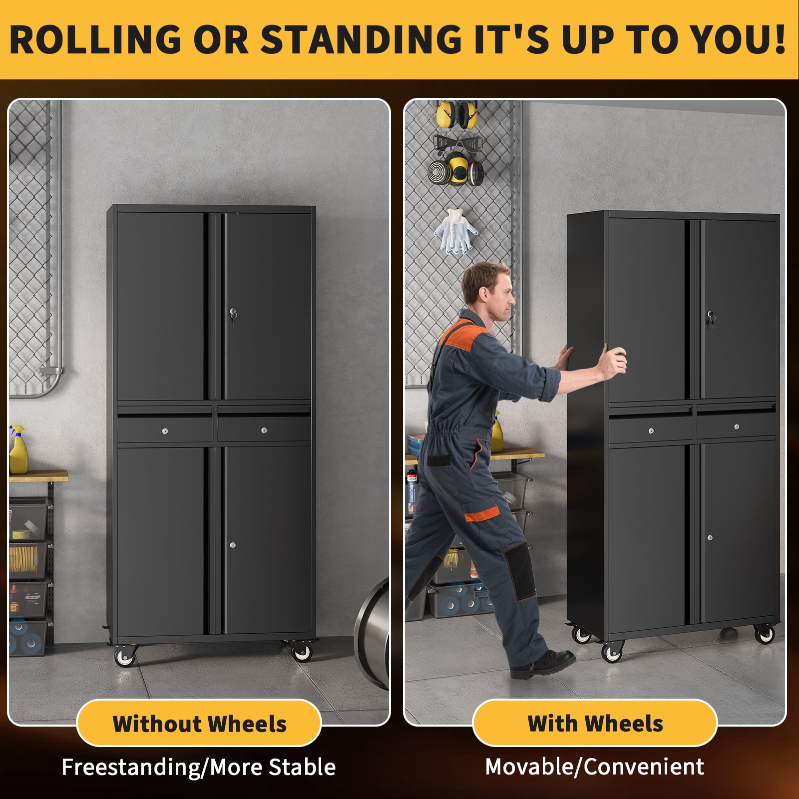 Heavy Duty 73'' Metal File Cabinet for Office & Workshop, 2 Drawers, Locking Doors, Adjustable Shelves, Mobile Wheels, Secure Steel Storage Cabinet