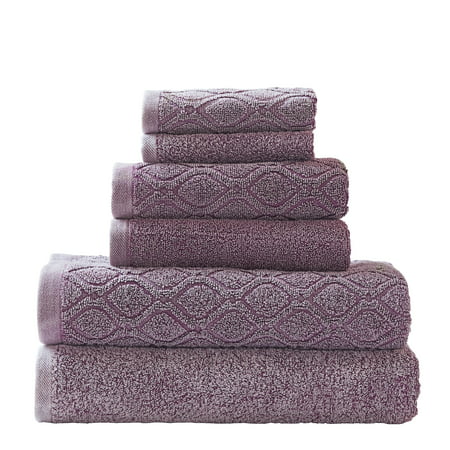 100% COTTON DENIM WASH 6 PC JACQUARD AND SOLID TOWEL SET (2 face+2 hand+2 bath)- FIG Two Bath Towels 28x54 each, Two Hand Towels 16x28 each, Two Face Towels 13x13 (Best Cotton Bath Towels)