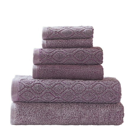 Light Purple Towels 100% COTTON DENIM WASH 6 PC JACQUARD AND SOLID TOWEL SET (2 face+2 hand+2 bath)- FIG Two Bath Towels 28x54 each, Two Hand Towels 16x28 each, Two Face Towels 13x13 each ()