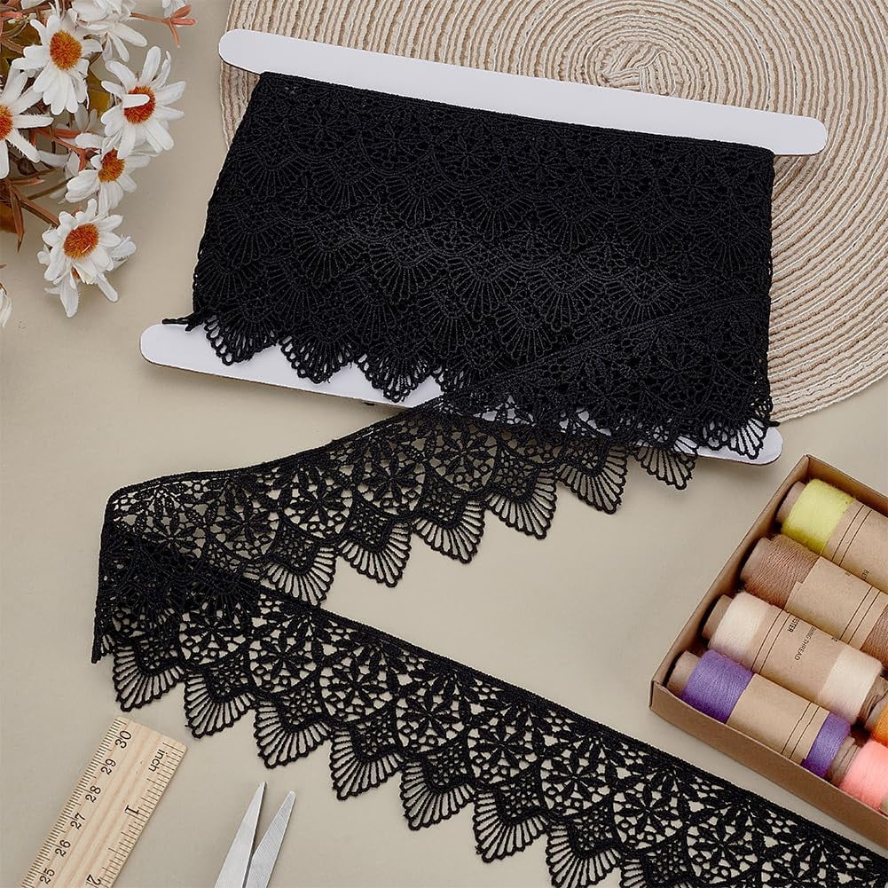 1Pc Polyester Lace Wavy Flower Ribbons for Cloth DIY Making Decor 1Pc Cardboard Display Card Black 2-3/8 inch(60mm) about 6.56 Yards(6m)/Set