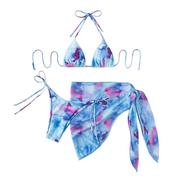 Bañador Tie Dye de 3 piezas para mujer, ropa de playa Sexy con espalda descubierta y cordones, trajes de baño con conjunto de Bikini con cuello Halter