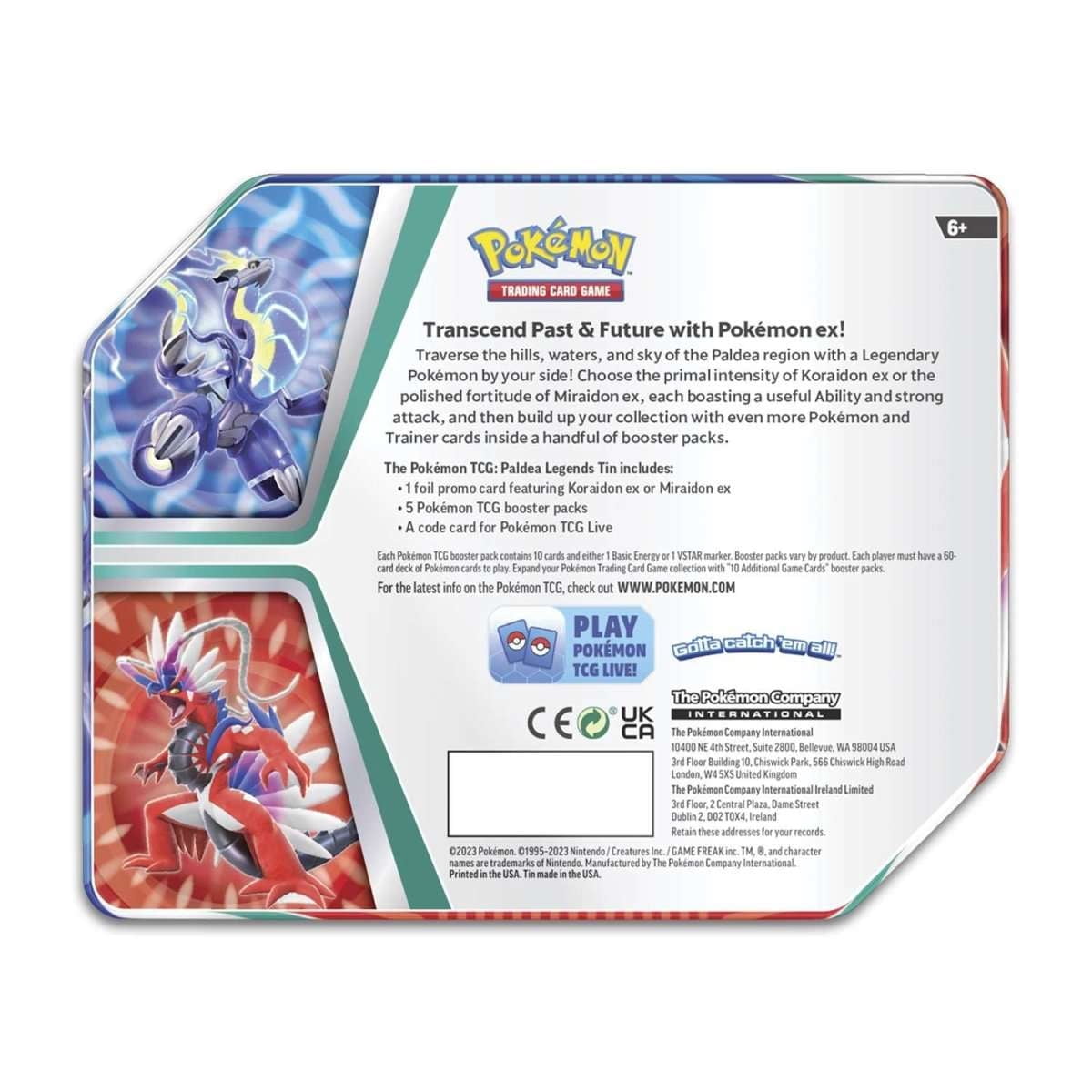 Pokemon Paldea Legends Koraidon ex Tin (5 Booster Packs,1 Promo Foil Card & More)