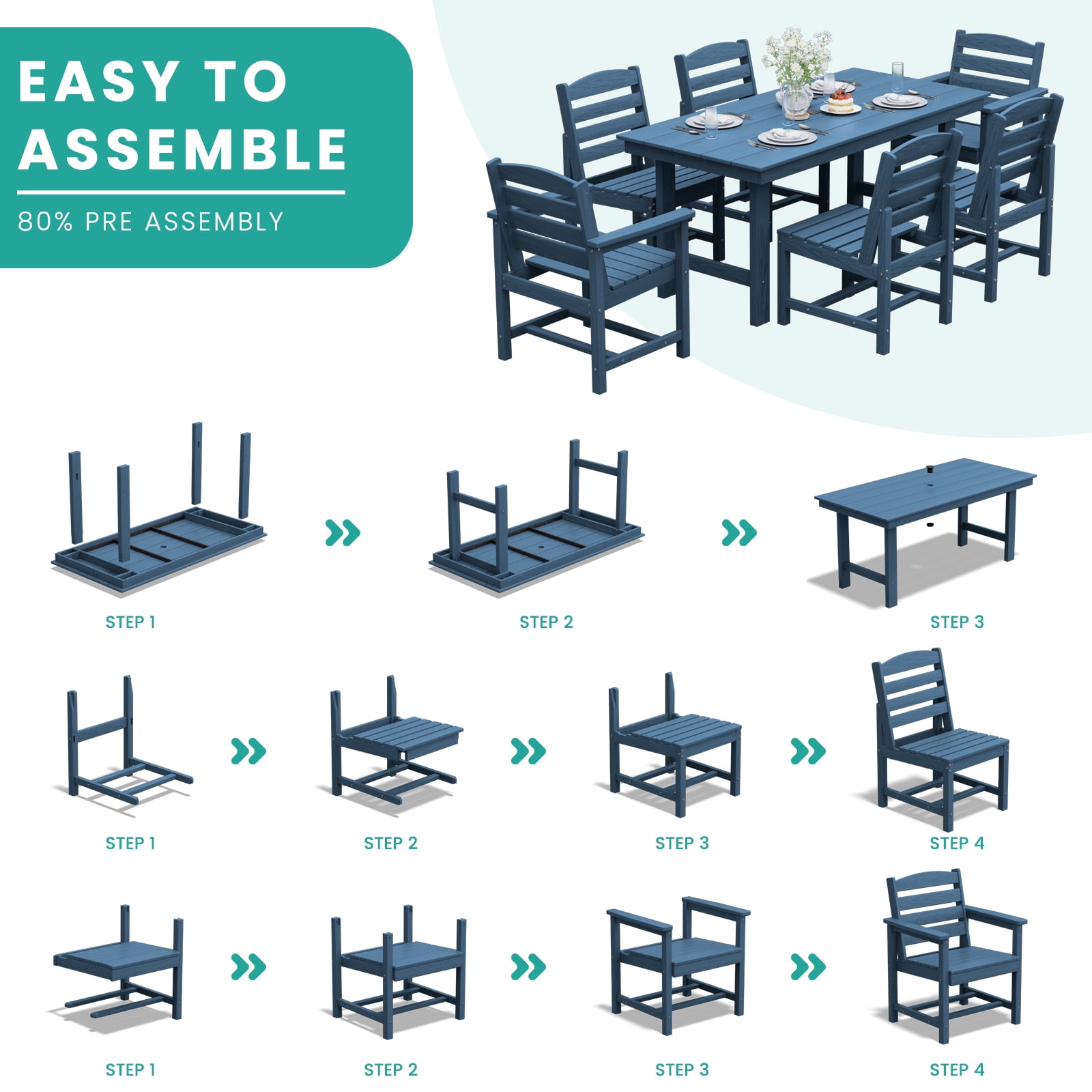 LOYALICE 7 PC Outdoor Patio Furniture Set, Patio Dining Sets, 6 Chairs and 1 Table, Navy Blue