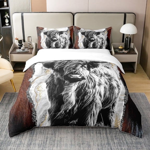 Highland Cow 100% Cotton Duvet Cover Queen,Bull Cattle Bedding Set,Gold Grey Marble Comforter Cover,Wildlife Farmhouse Cow Quilt Cover with 1 Pillowcase Home Room Decor Comfy (No Comforter)