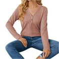 thumbnail image 5 of Women's Button V-Neck Pullover Solid Color Long Sleeve Blouse Casual Slim-Fit Sweater Tops Shirts, 5 of 5