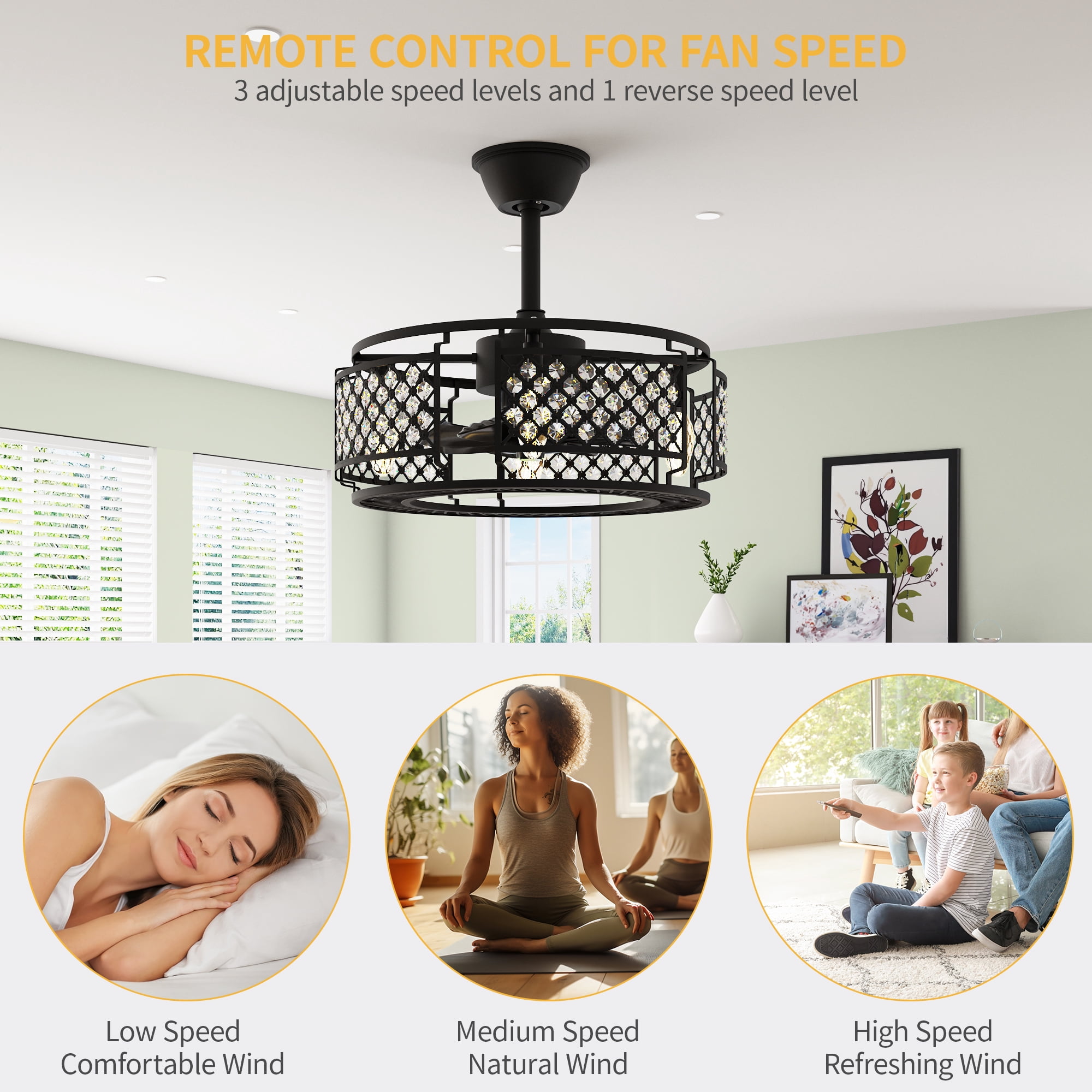 Dextrus Industrial Ceiling Fan with Remote, 3 Speed and 3 ABS Blades Indoor Crystal Chandelier Fan for Living Room Bedroom Study Dining Room, Matte Black