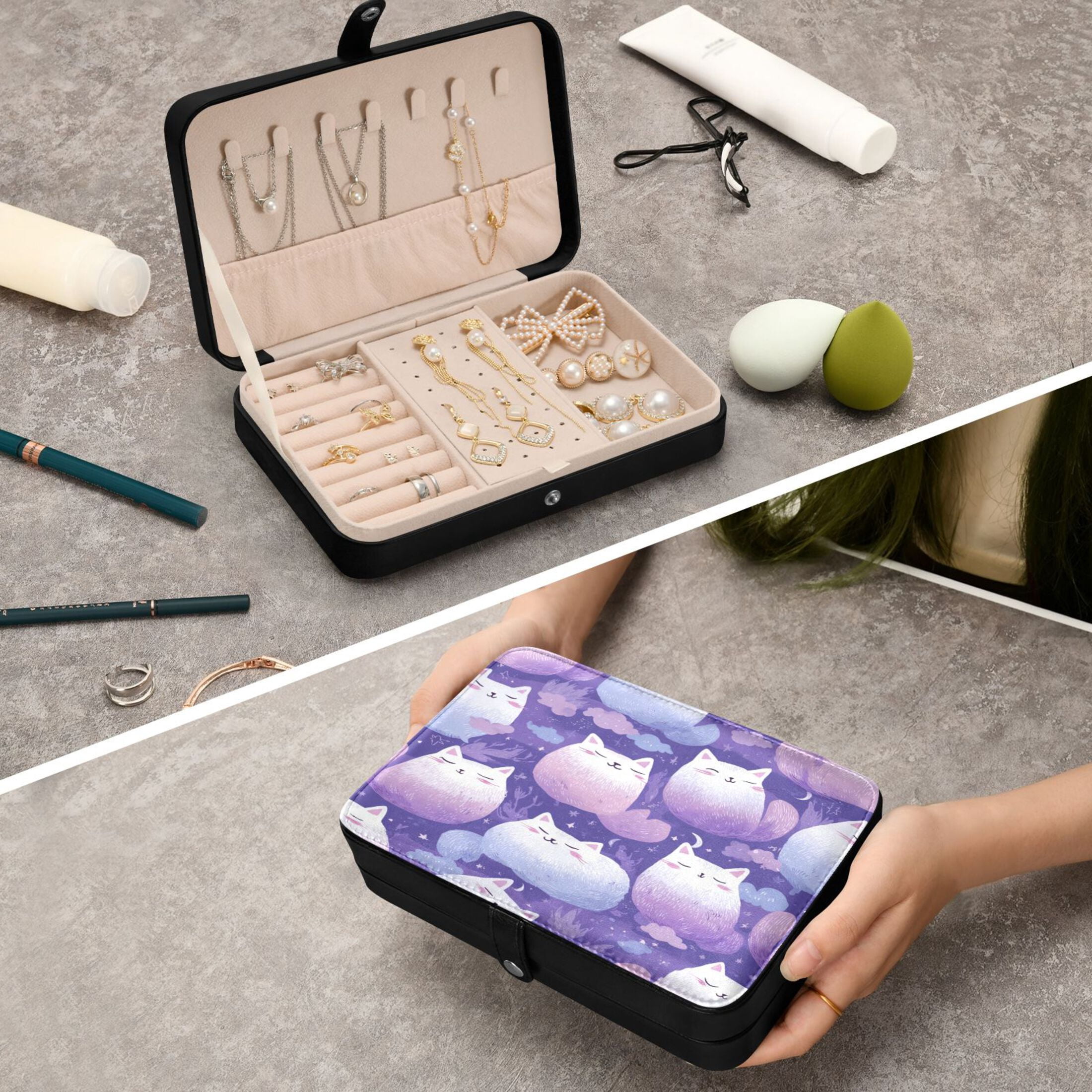 Leather Jewelry Box Rectangular 8.27x5.5x1.78In Travel Jewelry Storage Earrings Necklace Bracelet Watch Brooch Storage Purple Cat