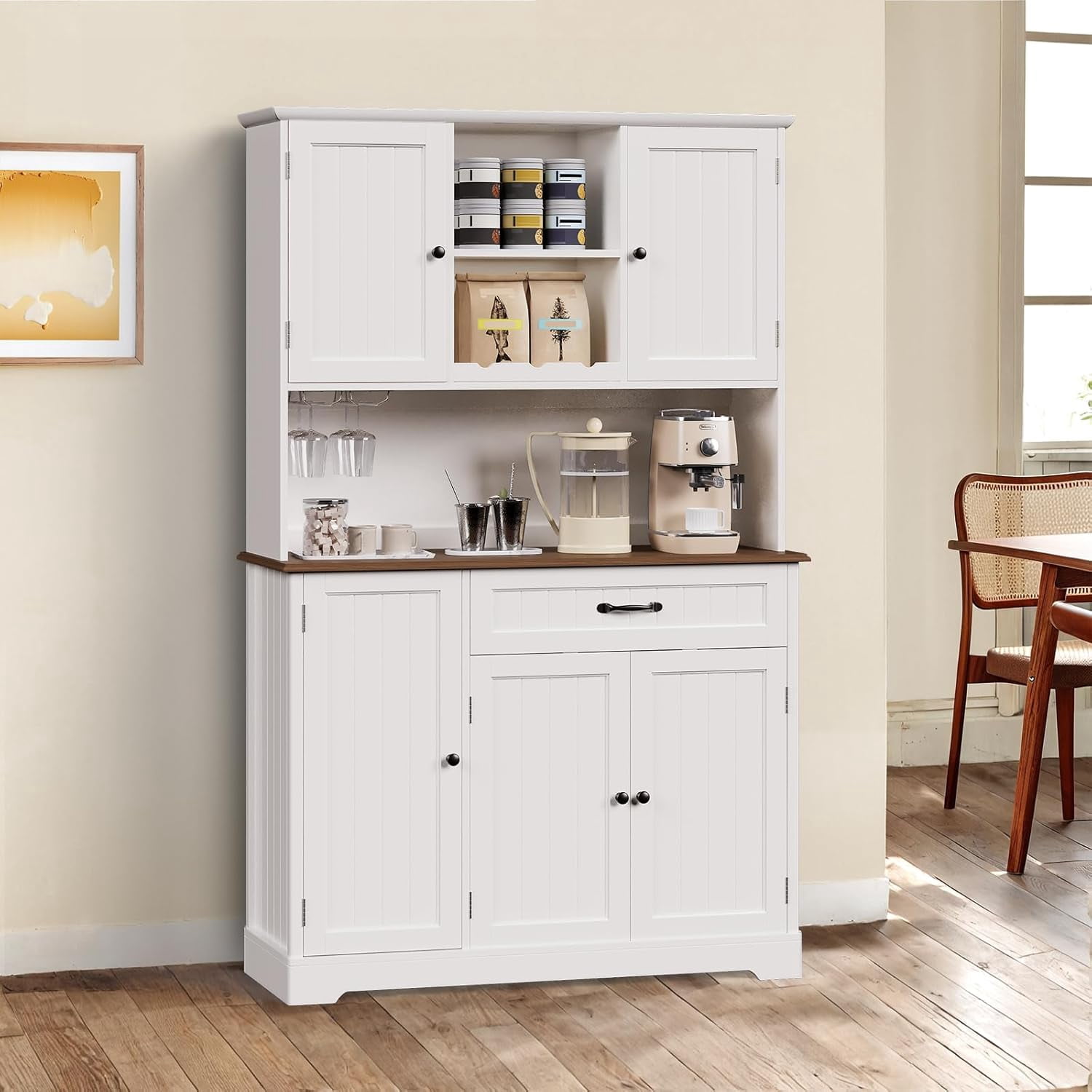 67" Kitchen Hutch Cabinet with 5 Doors and 14 Shelves, Noelse Large Wooden Kitchen Pantry Storage Cabinet with Drawer, Tall Coffee Bar for Dining Room, White and Rustic