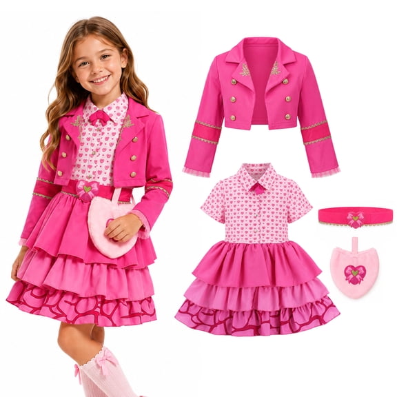 Girls Pink Princess Costume Kids Birthday Dress Up Set, Long Sleeves Jacket, Cute Heart Print Dress, for Cosplay Halloween Christmas Birthday Party