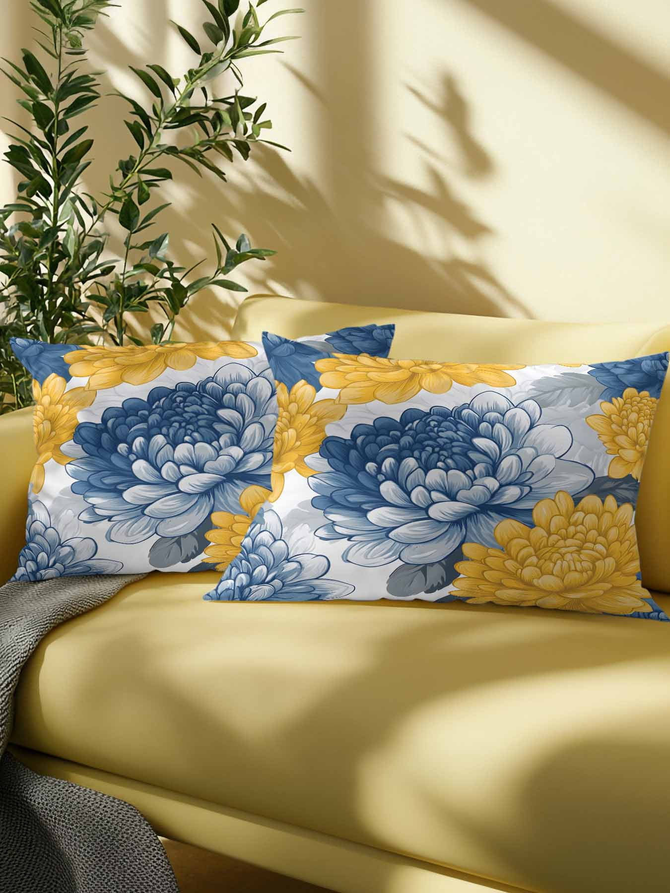 Outdoor Pillows Waterproof, Blue Yellow Spring Floral Bedding Throw Pillows with Insert for Couch Sofa Bed, Summer Botanical Elegant 12x20 Inch Pillowcases Decorative Camping Patio Pillow Set of 1