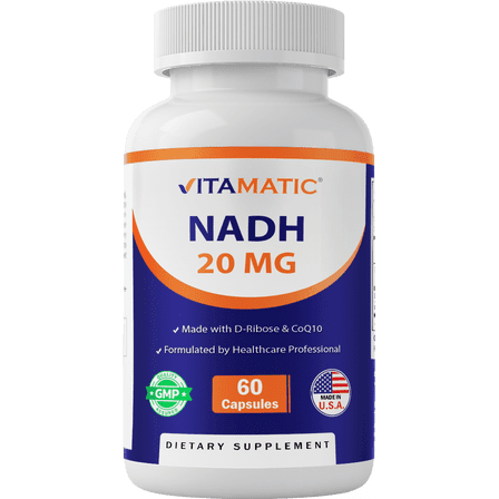 Vitamatic NADH 20mg with D-Ribose & CoQ10 – 60 Capsules, B-Nicotinamide Adenine Dinucleotide, Non-GMO, Gluten Free