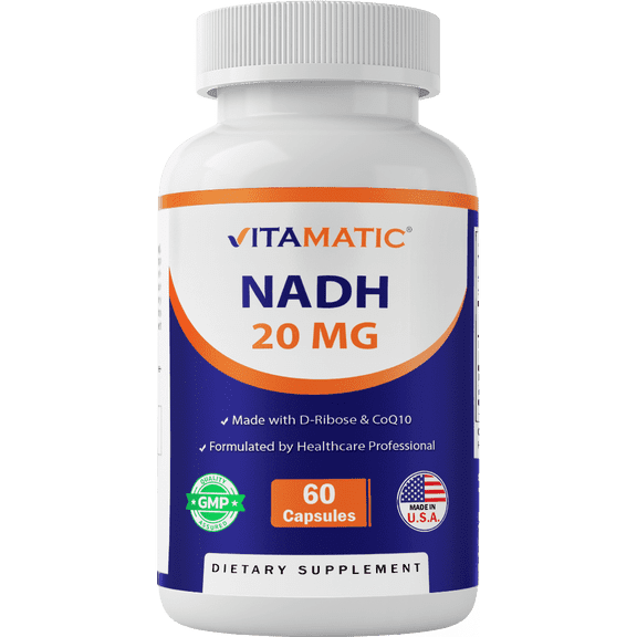 Vitamatic NADH 20mg with D-Ribose & CoQ10 – 60 Capsules, B-Nicotinamide Adenine Dinucleotide, Non-GMO, Gluten Free