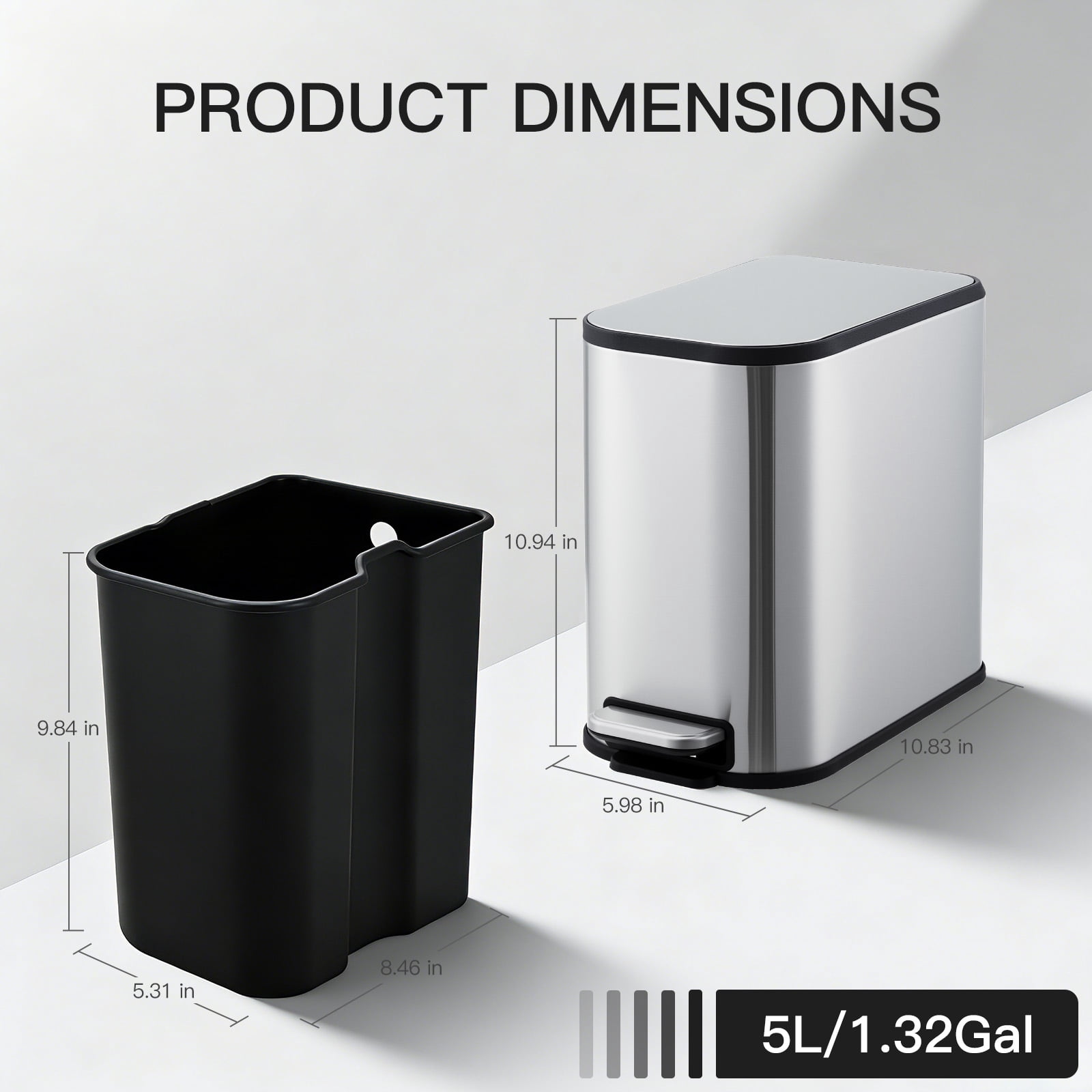 Slim Bathroom Trash Can with Lid Soft Close, Step Pedal, 5 Liter / 1.3 Gallon Stainless Steel Trash Bin, Small Garbage Cans for Bedroom, Office, Kitchen