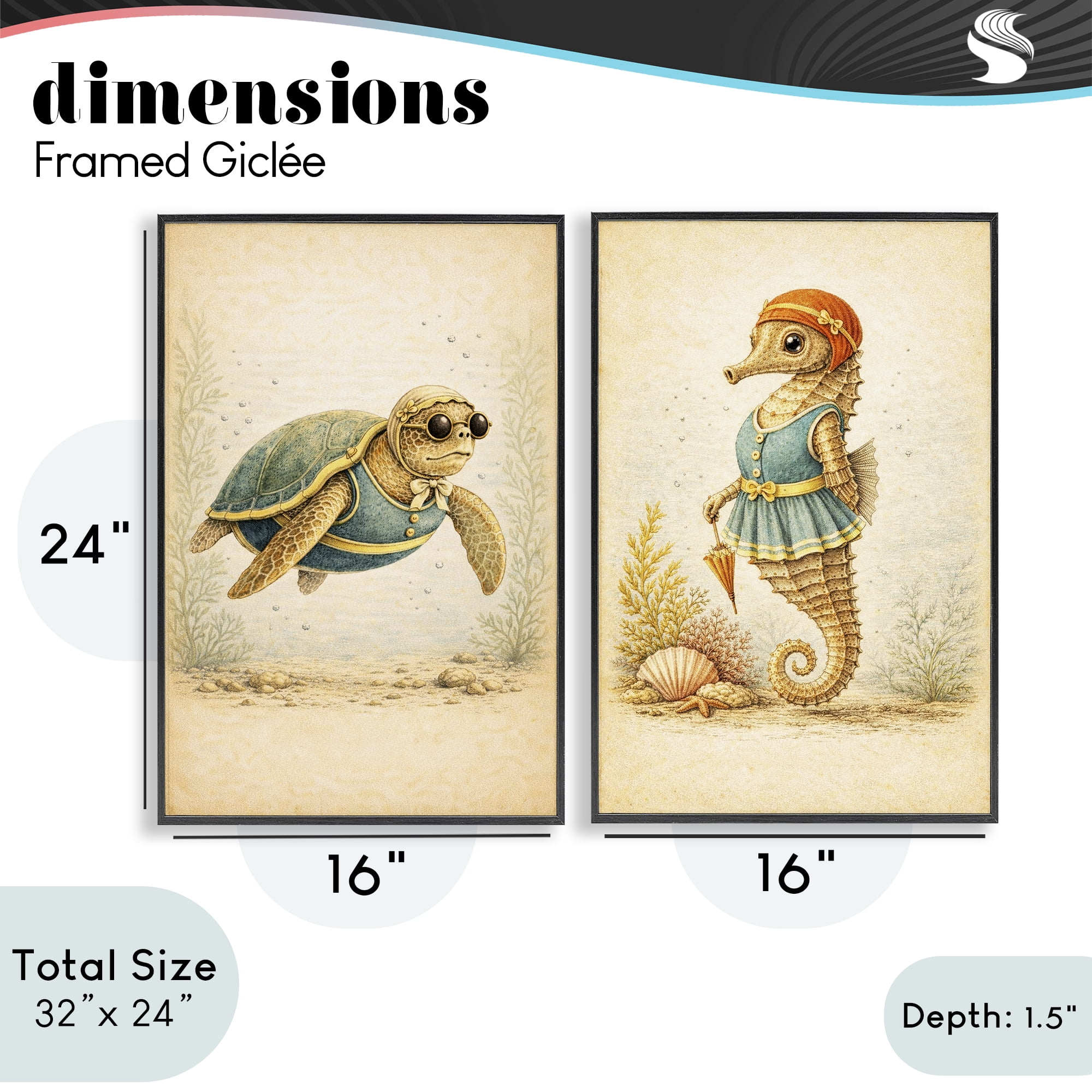 Stupell Industries Vintage Maritime Bathing Animals 2 Piece Black Framed Giclee Art Set, design by Grotto Studios