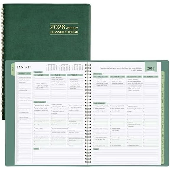 2026 Planner - 11.38'' x 8.74'', Weekly & Monthly Planner Notepad, Jan. 2026 - Dec. 2026, Appointment Book, 60 Minutes Interval, Monthly Tabs, Faux Soft Leather, Spiral Bound - Green$$Office