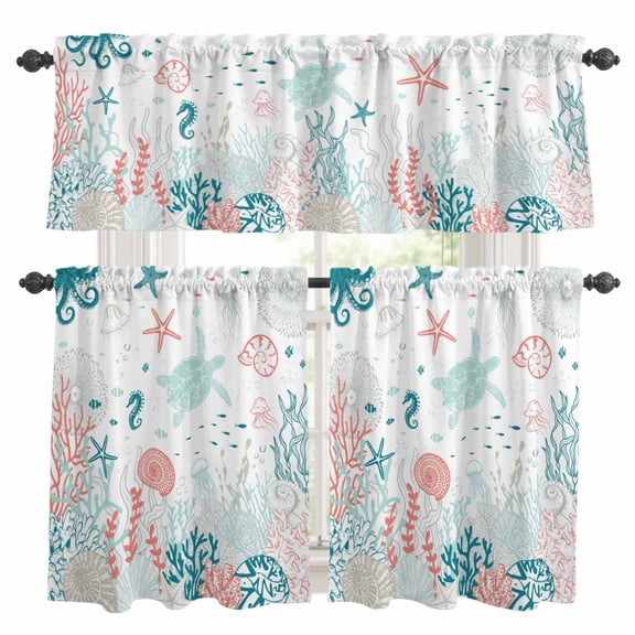 Coastal Turtle Kitchen Curtains Sets for Windows 24 Inch Length, Teal Green Ocean Coral Starfish Jellyfish Rod Pocket Window Treatments Tier Curtains and Valances Set for Bedroom/Bathroom