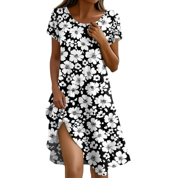 Women's Casual Floral Print Short Sleeve Dress, Soft Loose Fit Summer Sundress for Beach, Vacation, Daily Wear,Black L