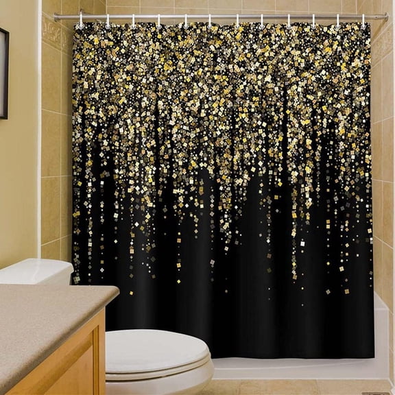 Black and Gold Shower Curtain, Abstract Art Modern Bathroom Curtains, Geometric Pattern Machine Washable Polyester Fabric, 71x71 Inches (No Glitter)