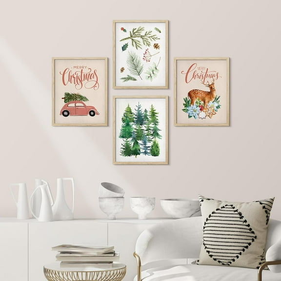 PixonSign Framed Wall Art Merry Christmas Typography & Pine Tree & Deer Posters, Set of 4 Holidays Celebrations Illustrations Wall Decor, Adhesive Canvas Prints for Home Decor - 8"x10" Natural