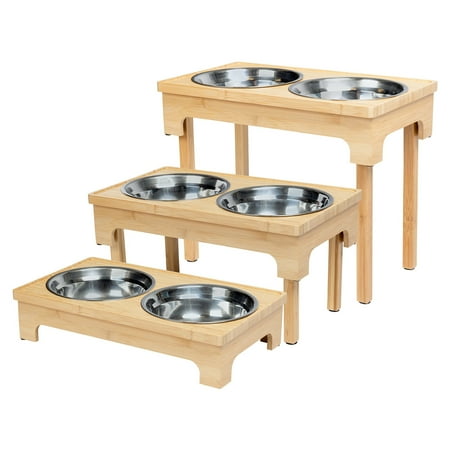 UPC: 0840042314181 | Adjustable Bamboo Elevated Pet Feeder  Large Raised Stainless Steel Food and Water Bowls for Dogs and Cats (3   8   and 12  Heights)