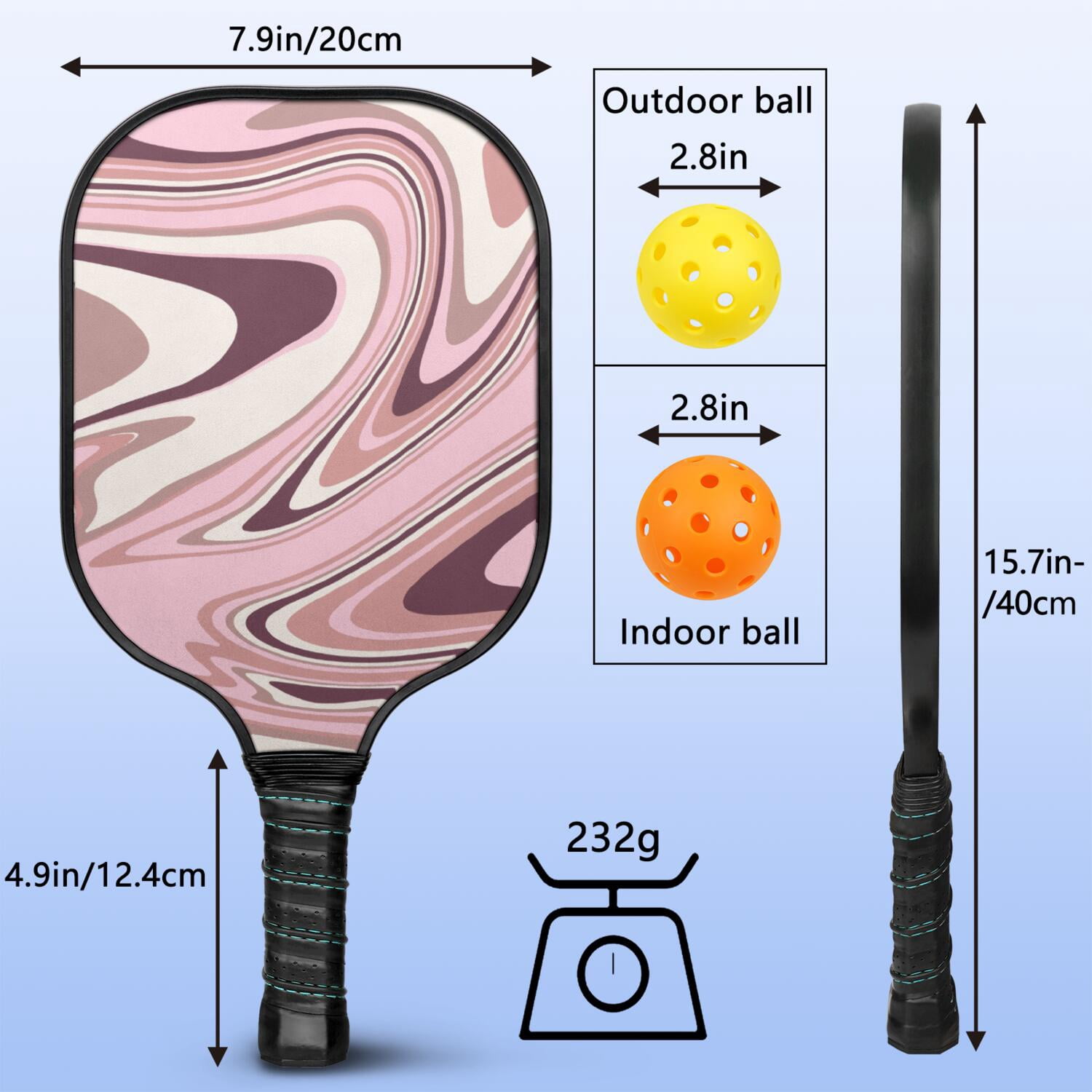 Pickleball Paddles Set Of 1, Fiberglass Surface, Liquid & Marble Print, 1 Paddles, 2 Balls & Bag