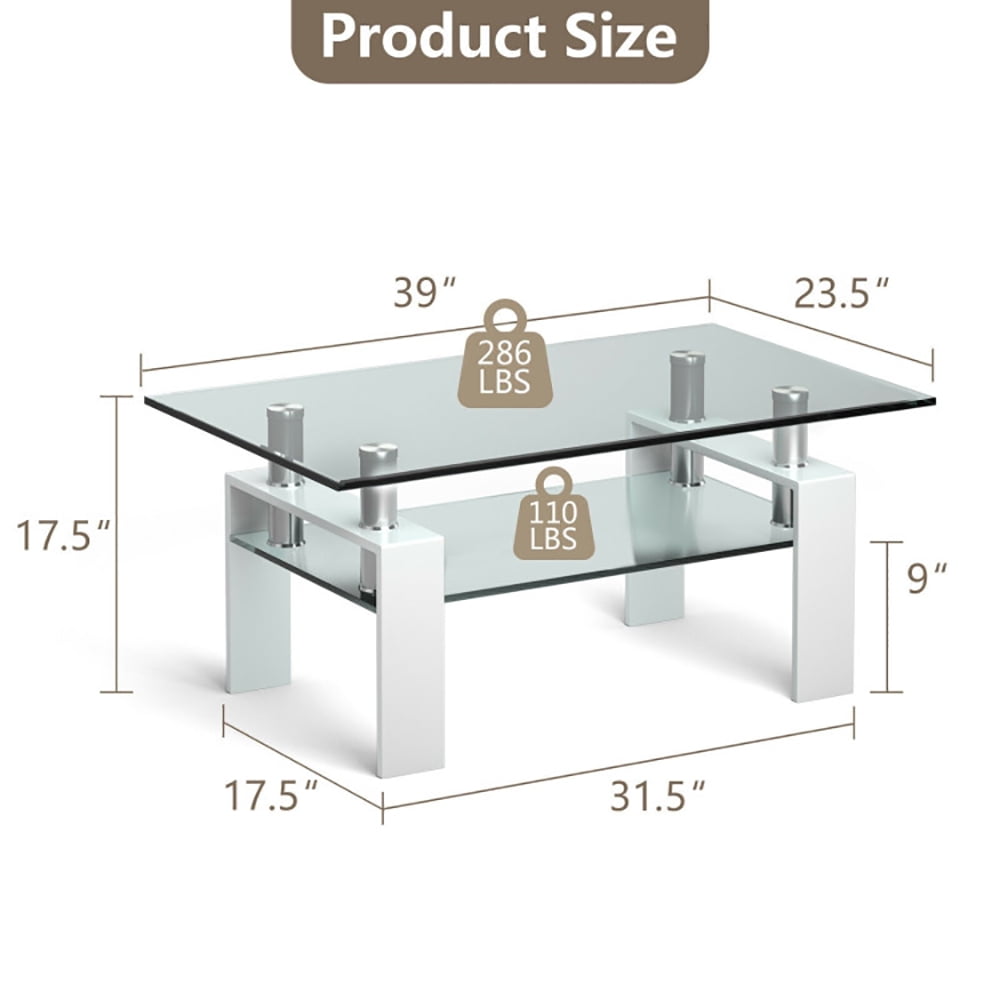 Finihen Glass Coffee Table, Rectangular Coffee Table, Rectangle Glass Coffee Table with Metal Legs, for Living Room, Reception Room, White Finihen Glass Coffee Table, Rectangular Coffee Table, Rectangle Glass Coffee Table with Metal Legs, for Living Room, Reception Room, White