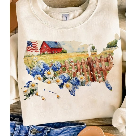 Floral American USA Map Sweatshirt, Retro 4th of July Crewneck, Coquette Style Patriotic Pullover for Women BTO