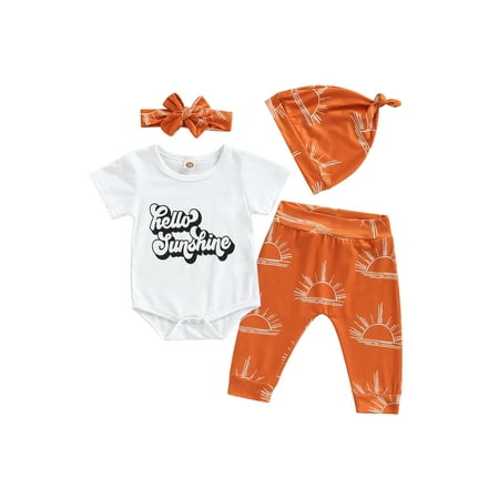 

Suanret Toddler Baby Girl Boy 4pcs Set Letter Print Short Sleeve Rompers Sun Printed Pants with Beanie Hat Headband White 6-12 Months