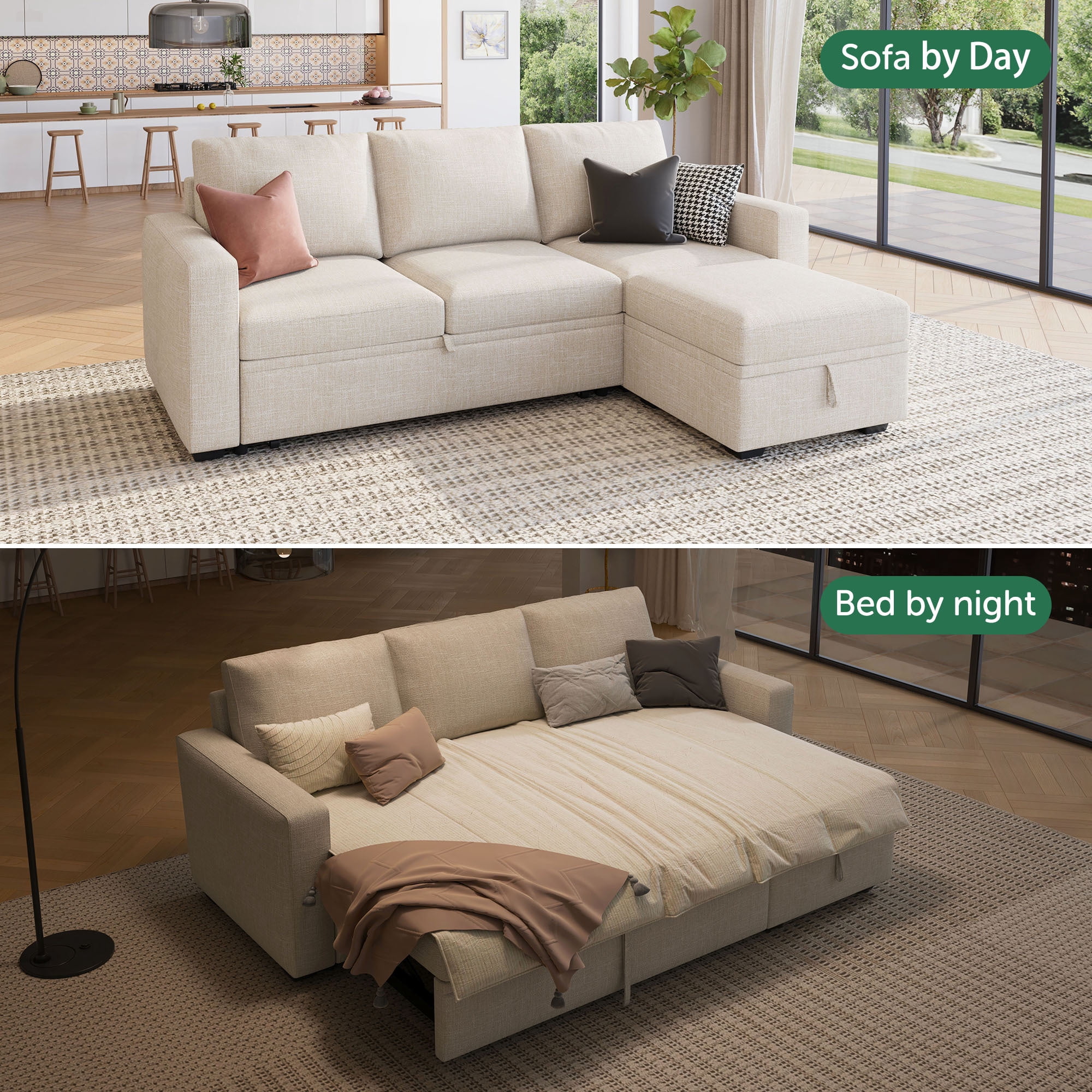 HONBAY 79" Reversible 3 Seat Beige Compact L Shaped Sectional Sleeper Sofa with Pull Out Bed and Storage, Breathable Linen