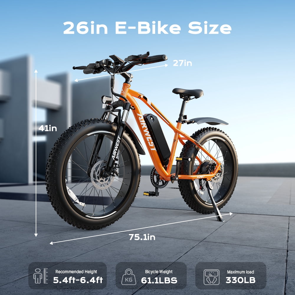 AIRWEST Men's Electric Mountain Bike, 26″ Fat Tire Electric Bike, Peak 750W Motor 48V 13Ah Removable Battery, 7-Speed, All-Terrain E-Bike, Max Speed 25MPH (40KMH), UL2849