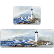 Vintage Lighthouse Kitchen Rug Set of 2 Watercolor Landscape of Lighthouse Light Up Nautical Ocean Comfort Floor Mat Anti Fatigue Non Skid Washable Doormat Bath Runner Rugs Bedroom Area Carpet