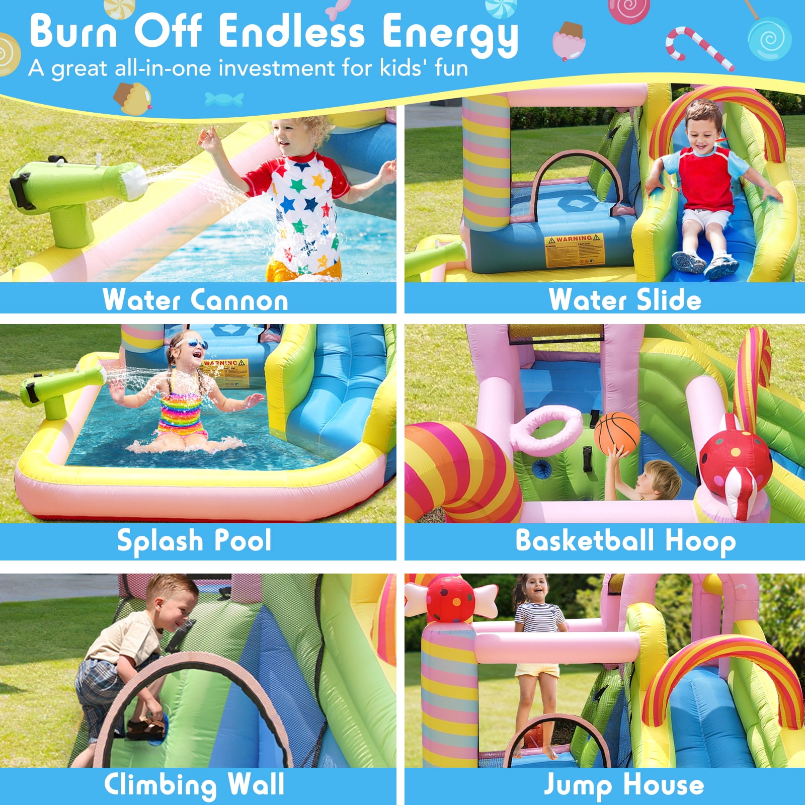 NBSPORT 6-in-1 Inflatable Bounce House & Water Slide Combo for Indoor & Outdoor, Sweet Candy Theme with Splash Pool, Slide and Air Blower