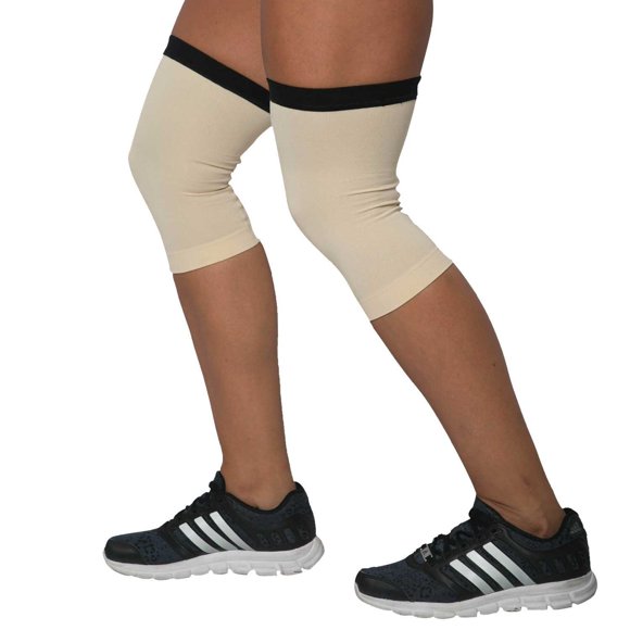 Manchon de Compression pour Genou - Attelle de Genou Légère (Paire) - Idéal pour la Course, l'Haltérophilie, les Squats, l'Arthrite (Beige, G)
