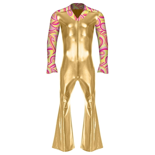 Raenseen Men's Shiny 70s Disco Dance Costume Print Patchwork Flared Leg Jumpsuit Hippie Rompers Gold L