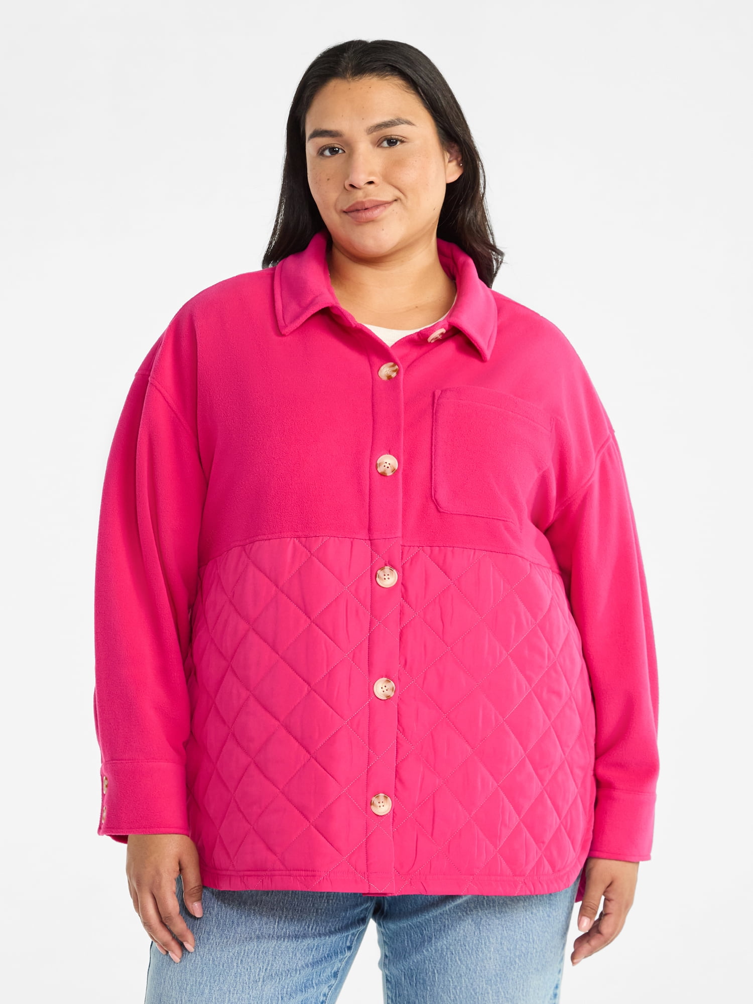 Terra & Sky Women's Plus Size Quilt Mix Button Front Shacket with Long Sleeves, Sizes 1X-5X
