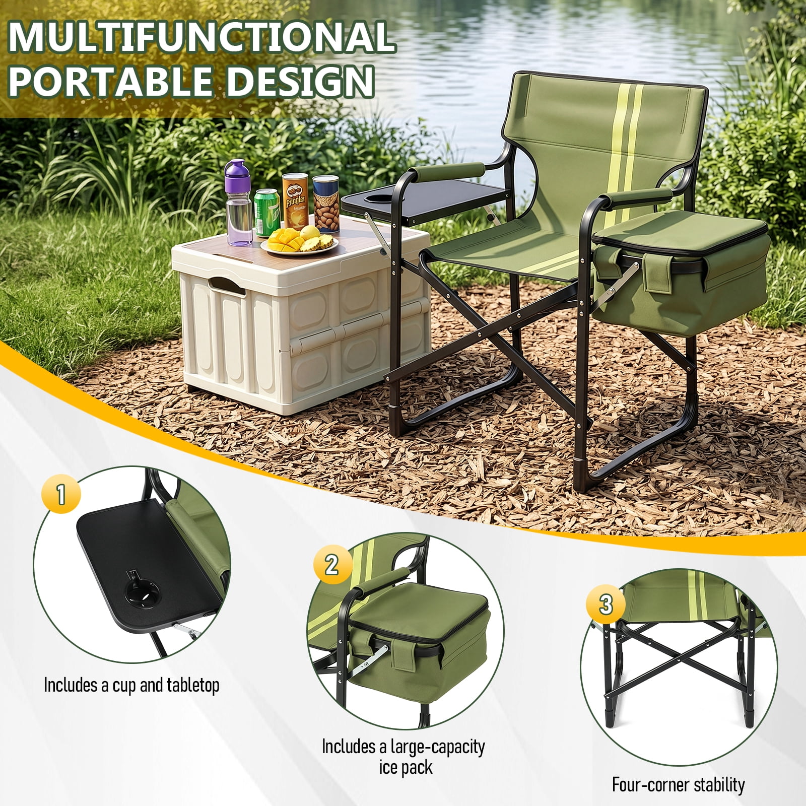 Folding Camping Chair with Side Table & Insulated Cooler Bag, Spray-Coated Aluminum Frame, 265 lbs Capacity Foldable Outdoor Chair for Camping Beach Fishing Picnic, 46.46" x 20.87" x 33.46"