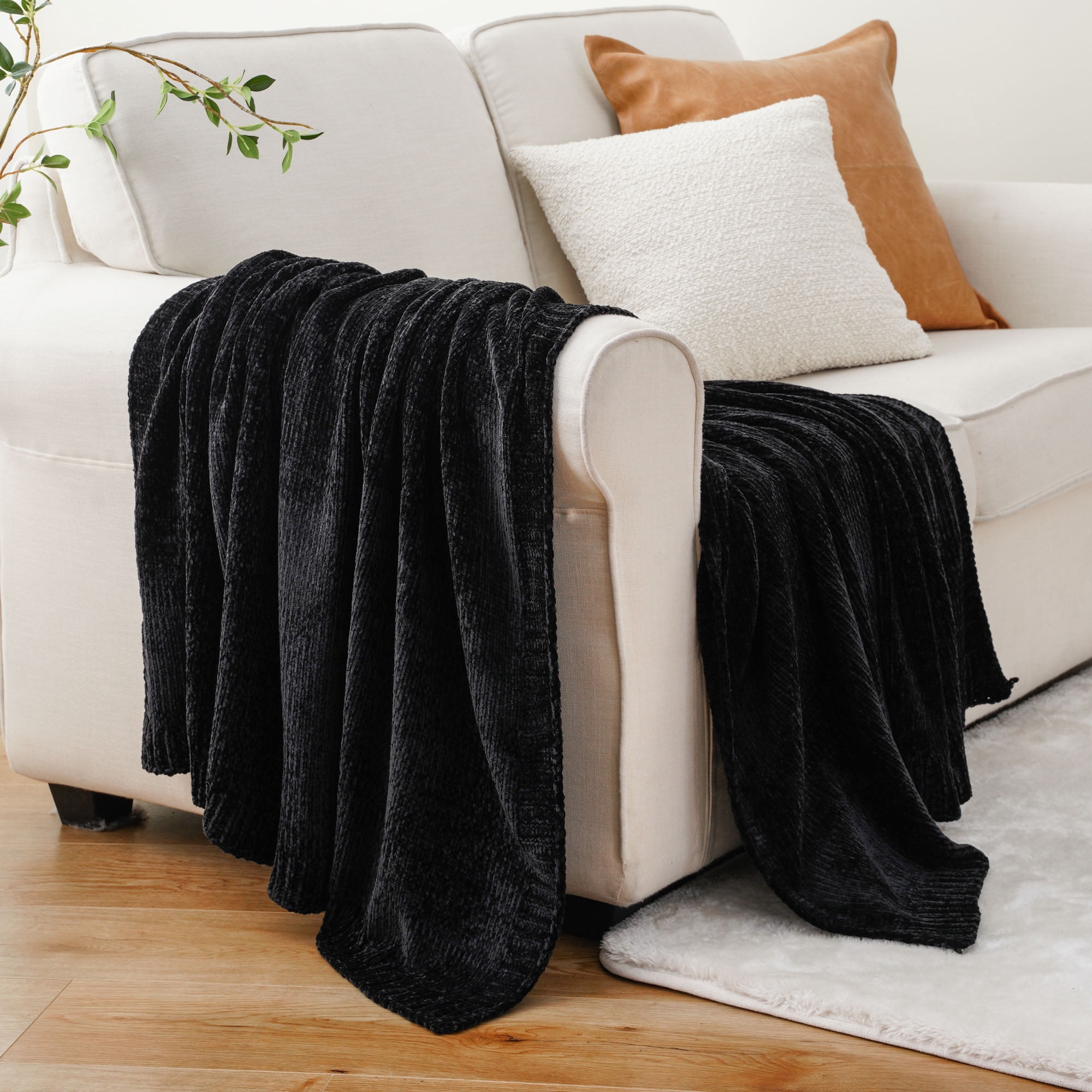 Battilo Black Chenille Throws for Couch,Soft Lightweigt Knitted Blanket for Living Room,51"x67"