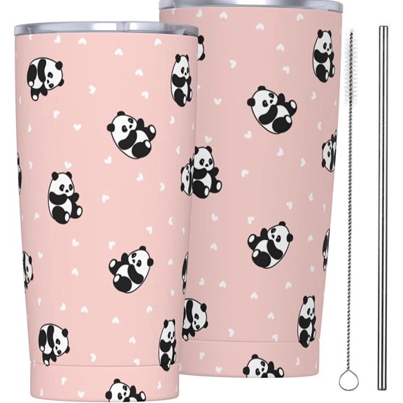 Panda Background With Hearts Tumbler Travel Coffee Mug With Flip Lid 20 Oz Insulated Tumbler Cup Gift For Father Mother Friend Birthday