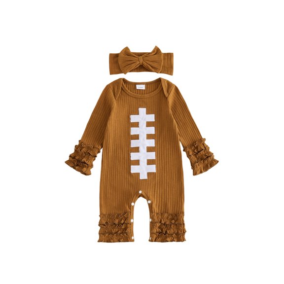 Cjfdfy Newborn Baby Girls Game Day Fall Outfits Football Themed Long Sleeve Ribbed Knit Romper And Headband Infant Cute Football Season Fall Winter Clothes 0-18 Months