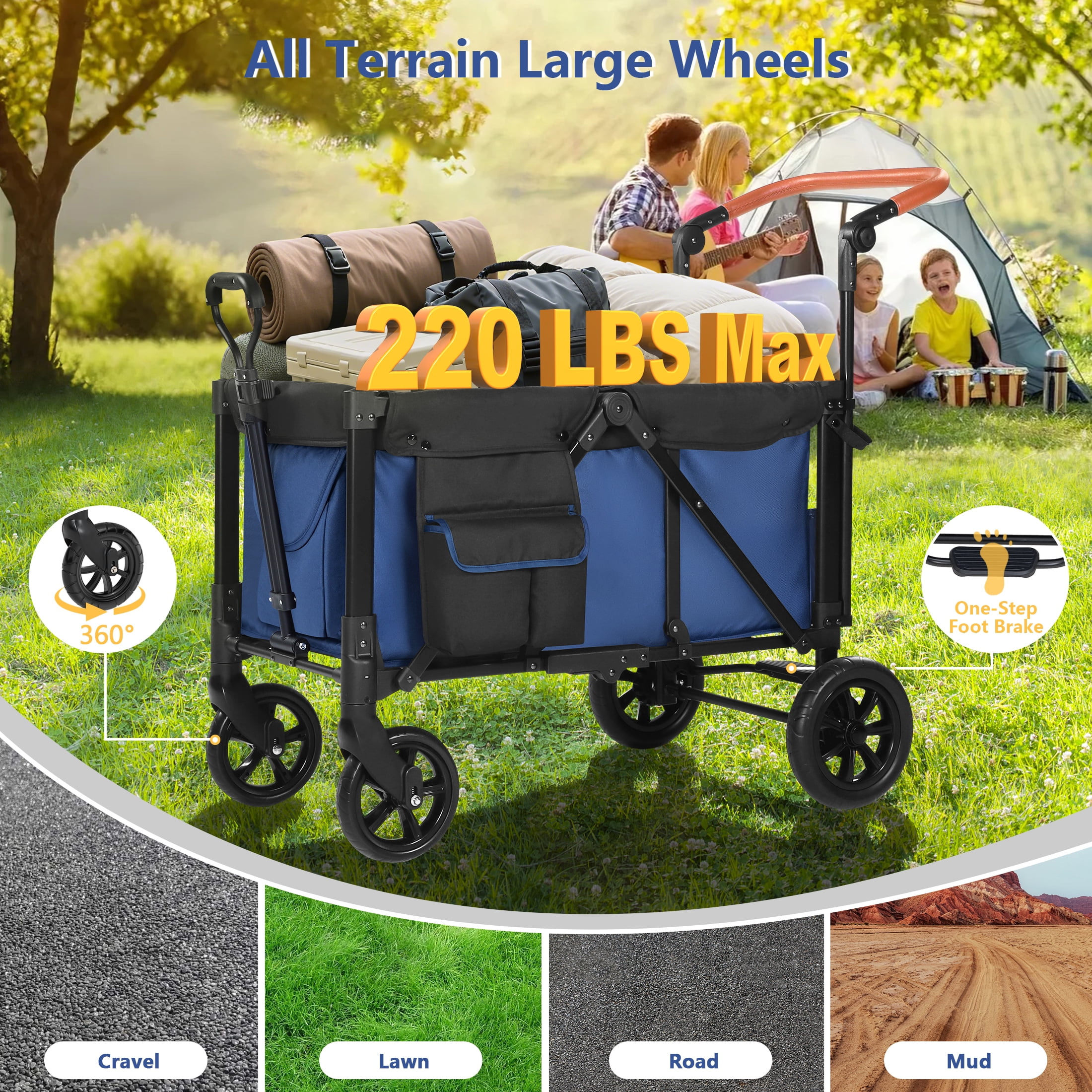 Minikid Baby Wagon Stroller for 2 Kids, Toddler Stroller with Canopy, 5-Point Harness, Adjustable Handlebars, Removable Seat, Blue