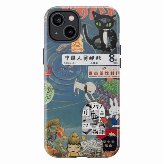 Black Cat Collage Phone Case, Japanese Retro Stickerbomb Style Art Cover for iPhone 17 16 15 14 13 12 11 Pro Plus Max Mini