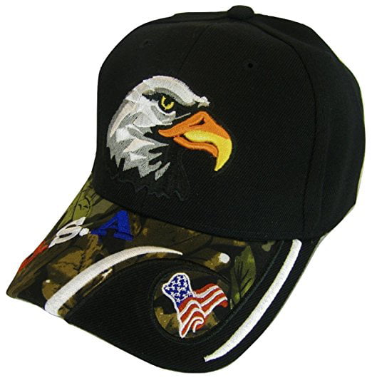USA Beige Bald Eagle Patriotic Baseball Cap Embroidered Eagle & Flag 