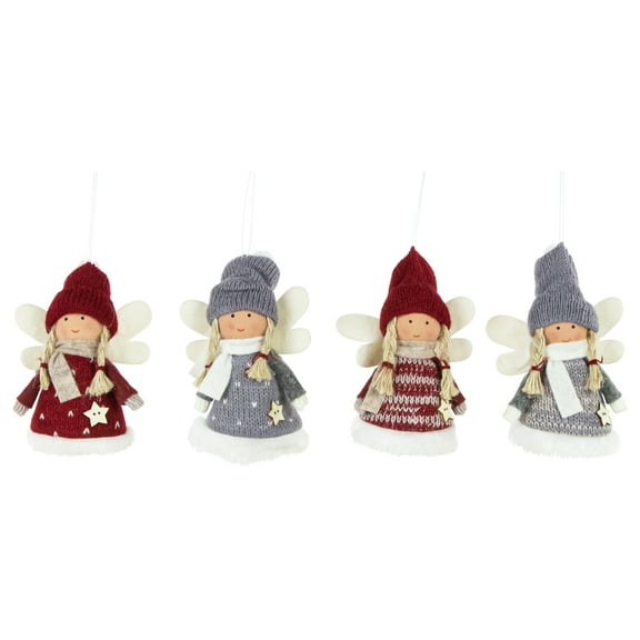 Northlight Plush Angel Girl Hanging Christmas Ornaments - 4.25" - Red and Gray -  Set of 4