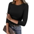thumbnail image 2 of Women 3/4 Sleeve T Shirts Rib Knit Slim Fit Tops Basic Tee 2026 Fall Outfits Casual T-Shirt Underscrubs Layer Clothes Black 2XL, 2 of 5
