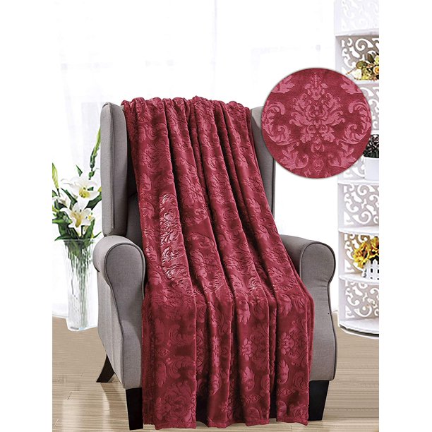 Ultra Plush Burgundy Embossed Damask Versaille Hypoallergenic Fleece