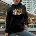 thumbnail image 2 of Autumn Vibes, Fall or Cold Weather Themed, Groovy Retro Wavy Text Merch Gift, Black Hooded Sweatshirt or Hoodie, Medium, 2 of 5
