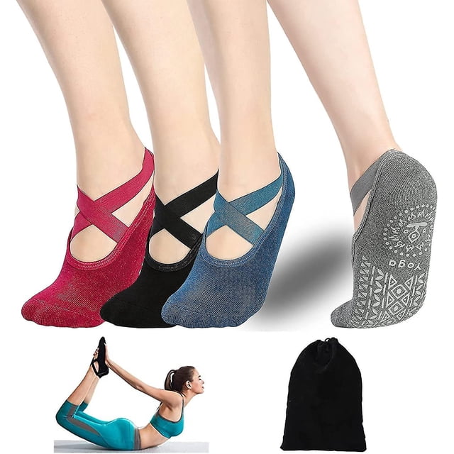 Yoga Socks For Women - 4 Pairs Pilates Socks Non-slip Grips Sock With Strap For Ballet, Barre, Home & Hospital