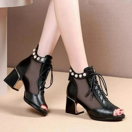 

KBODIU Women s Chunk Low Heel Pump Sandals Thick Heel Mesh Peep-toe Lace Up High Heel Cool Boots Sandals