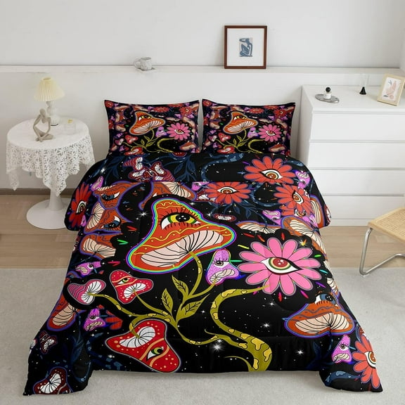 Erosebridal Mushroom Bedding Set Twin Women Trippy Cute Flowers Comforter Set Colorful Hippy Quilted Comforter Black Botanical Theme Eyes 3D Galaxy Pattern Printed Quilt Duvet Soft Warm